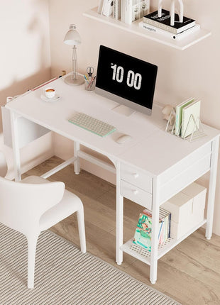 White Small Desk with Drawers - 40 Inch Computer Desk for Small Space Home Office, Modern Simple Study Writing Table PC Desks-1