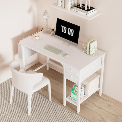 White Small Desk with Drawers - 40 Inch Computer Desk for Small Space Home Office, Modern Simple Study Writing Table PC Desks-1