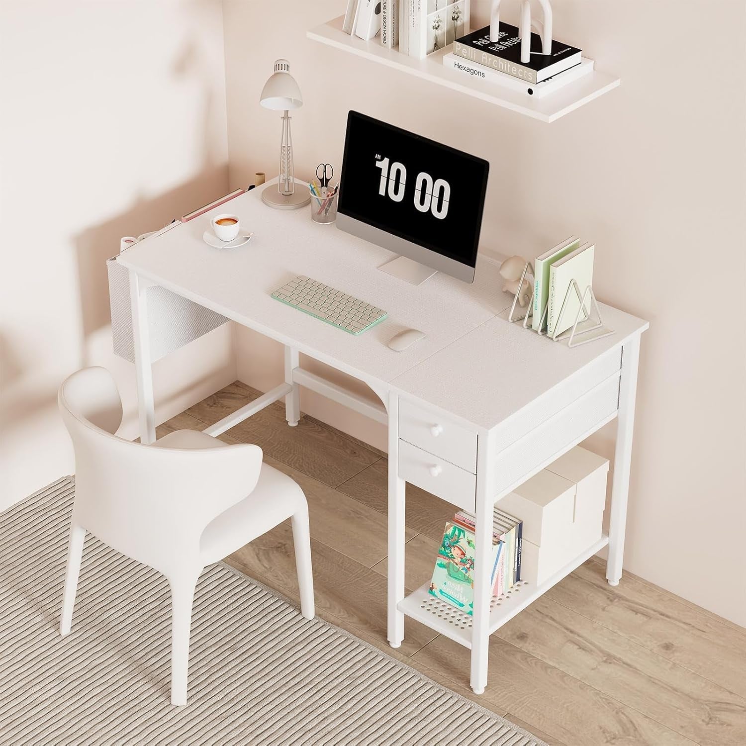 White Small Desk with Drawers - 40 Inch Computer Desk for Small Space Home Office, Modern Simple Study Writing Table PC Desks-1