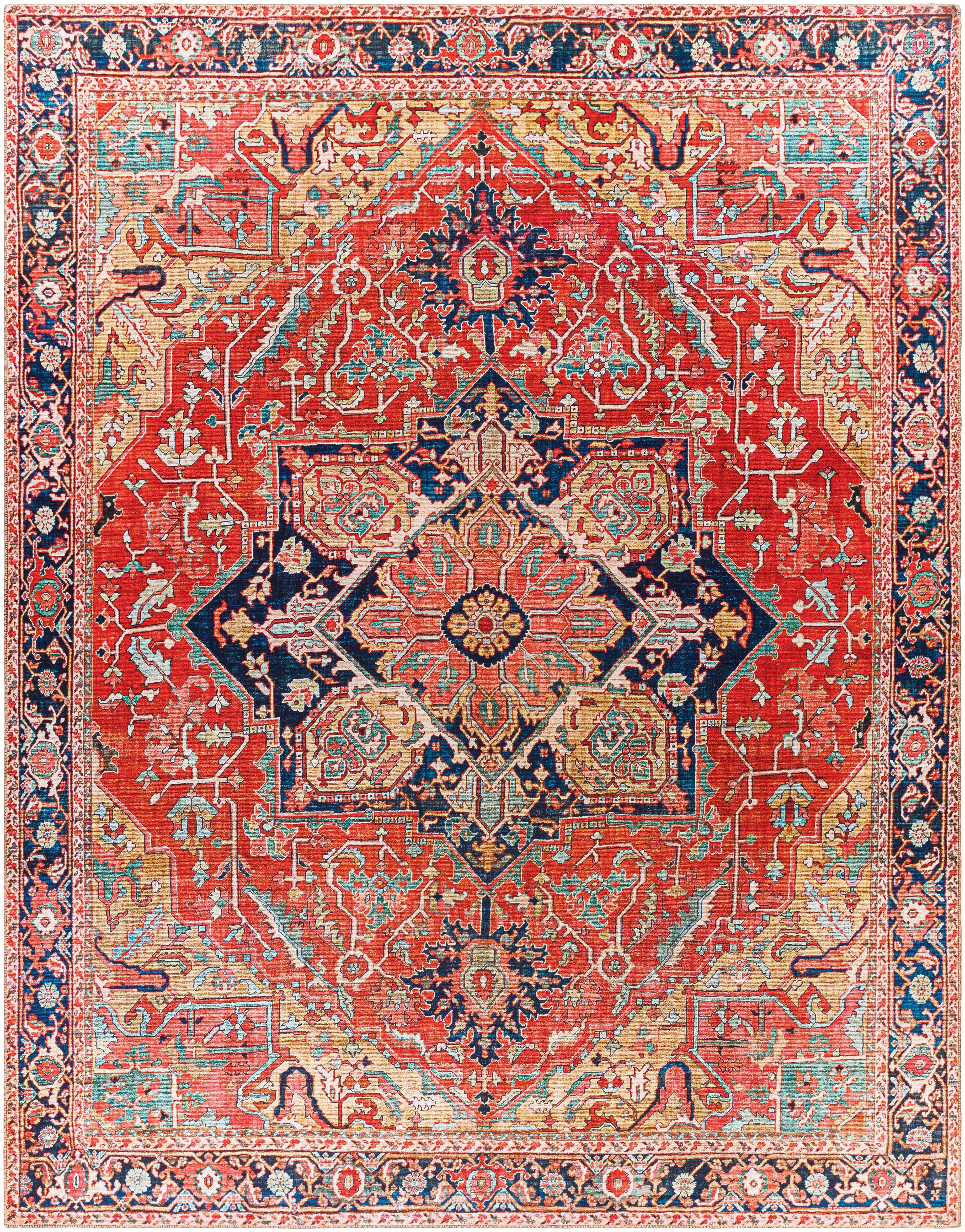 Decorative rug with intricate pattern in red, blue, and beige colors