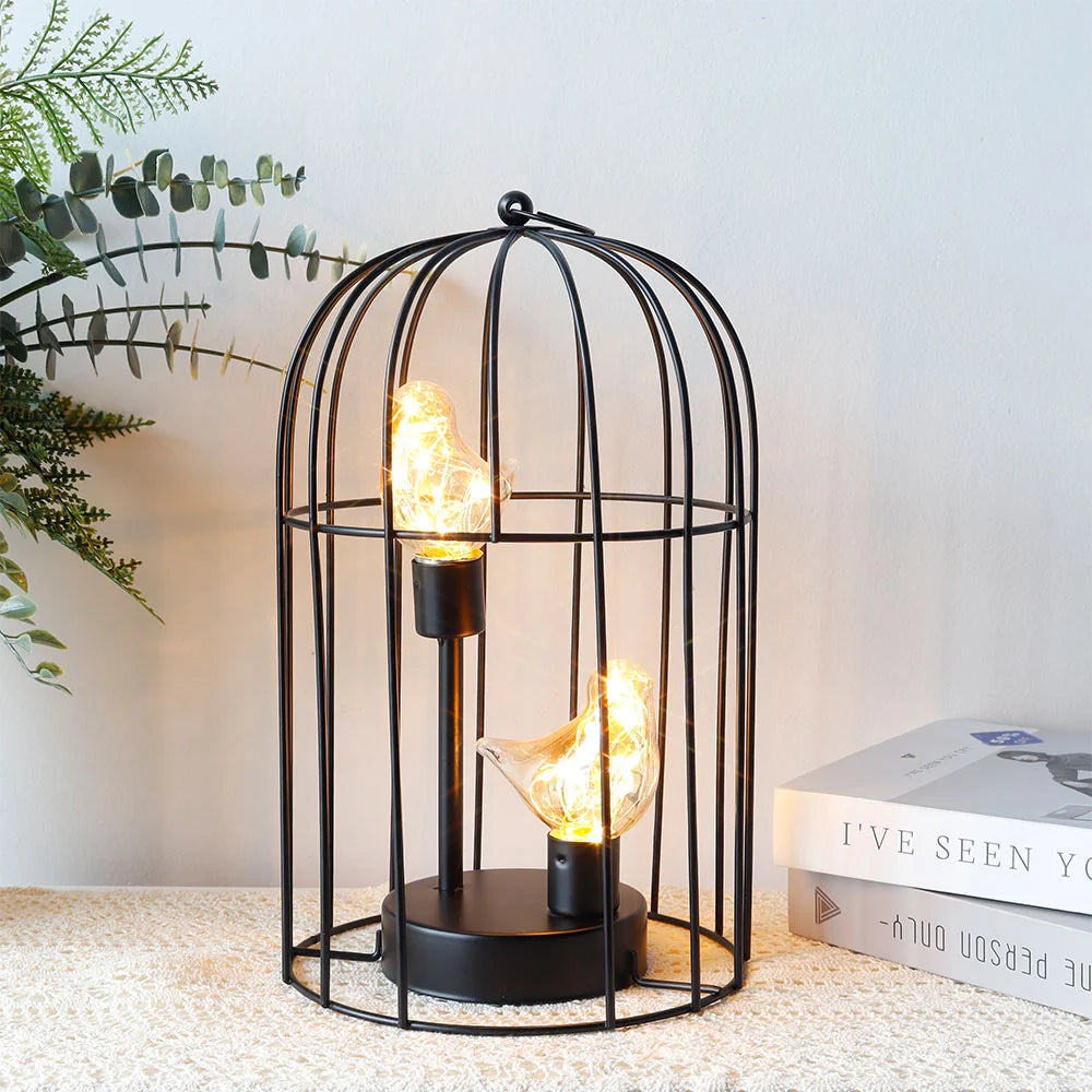 Decorative table lamp with wire cage design on a surface with books and plants in the background.