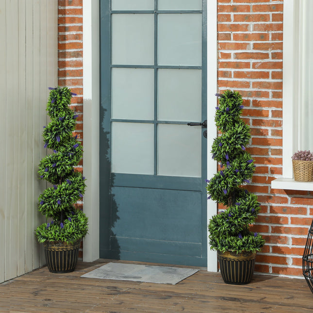 Set of 2 Decorative Artificial Plants, Boxwood Spiral Topiary Tree with Lavender and Pot, Fake Plants for Home Indoor Outdoor Decor, 115cm-1