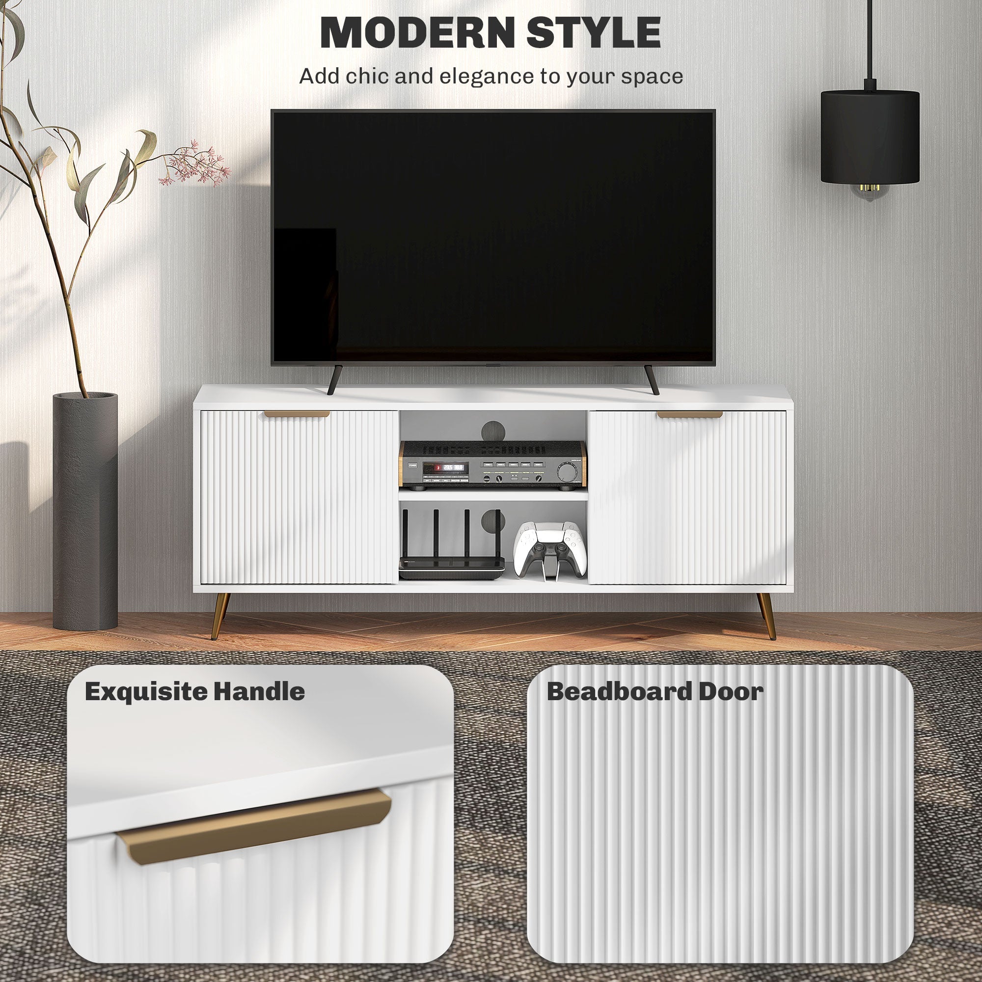 White TV stand with black TV and decorative elements in a room.