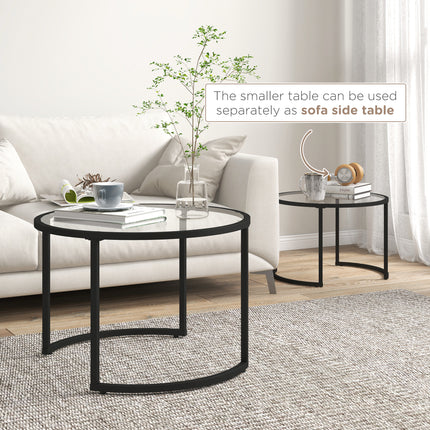 Glass Coffee Table Set of 2, Round Nest of Tables w/ Tempered Glass Tabletop, Steel Frame, Modern Side Tables for Living Room, Black | HOMCOM-3