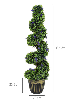 Set of 2 Decorative Artificial Plants, Boxwood Spiral Topiary Tree with Lavender and Pot, Fake Plants for Home Indoor Outdoor Decor, 115cm-2